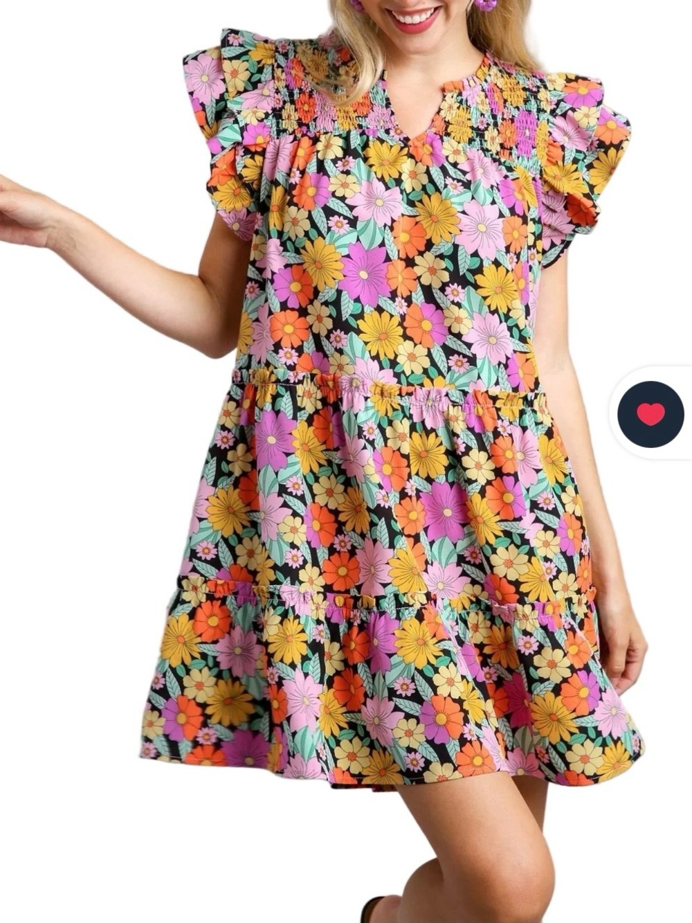 NWT UMGEE Floral Smocked Flutter-Sleeve Dress - Black/Multi